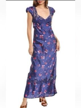 Free People Satin Lace Blue Floral Maxi